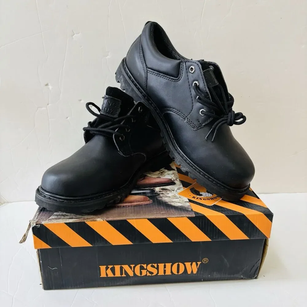 KINGSHOW MEN'S WORK BOOTS BLACK LEATHER LACE UP AND OIL RESISTANT SIZE 9.5/10/12